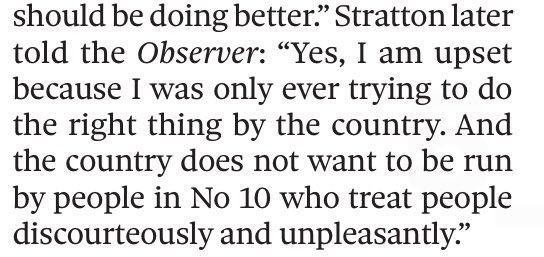 @TonyWalsh_me Allegra Stratton. The Observer p5 last Sunday 

Country not ‘to be run by people who treat other people discourteously  and unpleasantly’ 

But the Home Office can be? #PritiPatel #WorkplaceBullying 

Say goodbye to your credibility Allegra 

Did not last long