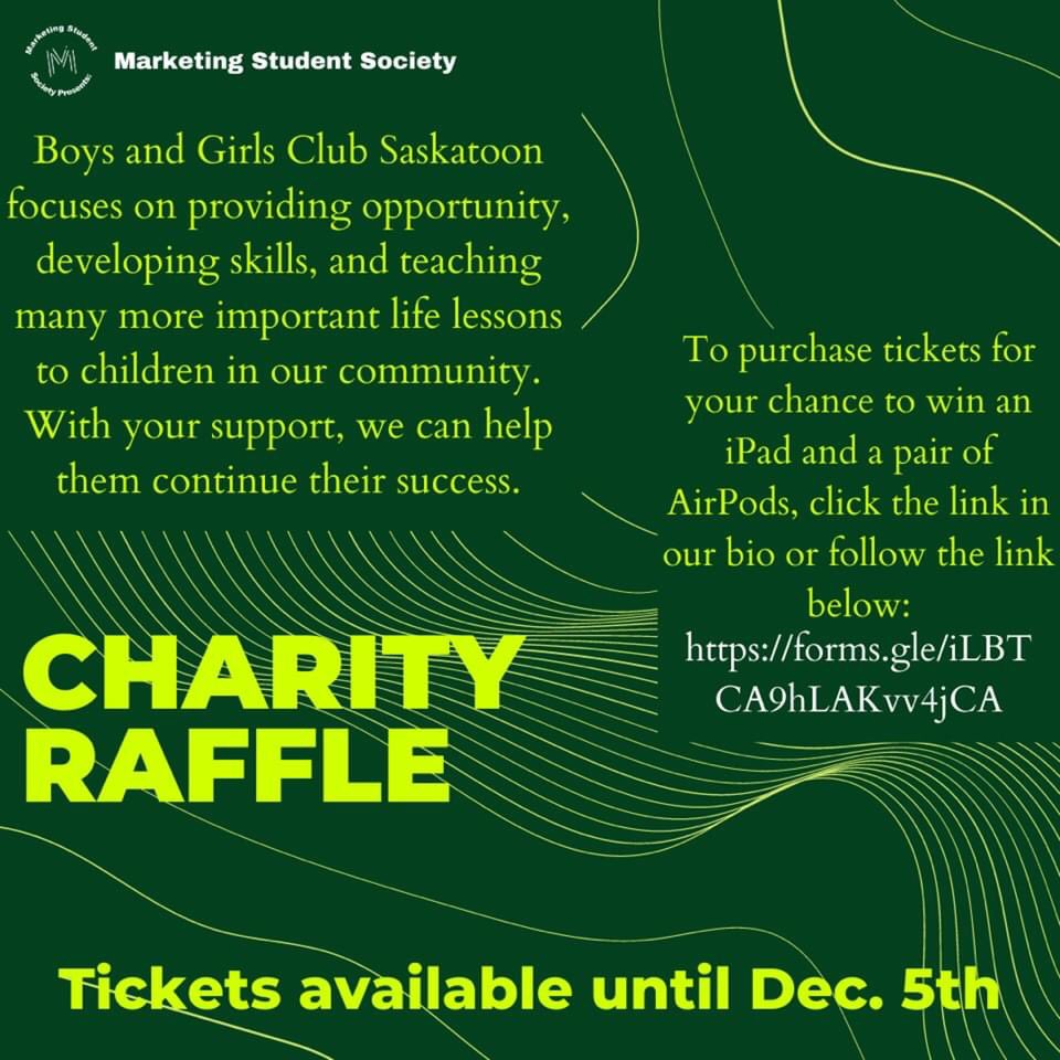 BGCSaskatoon's tweet photo. Check out the U of S Marketing Students' Society Charity Raffle! We have been picked as a participant in the raffle and all proceeds will go to BGCS! Winner gets and iPad and a pair of AirPods. 

Here is the link if you are interested in purchasing tickets!
⬇️⬇️⬇️ https://t.co/Qgub0AOrdH
