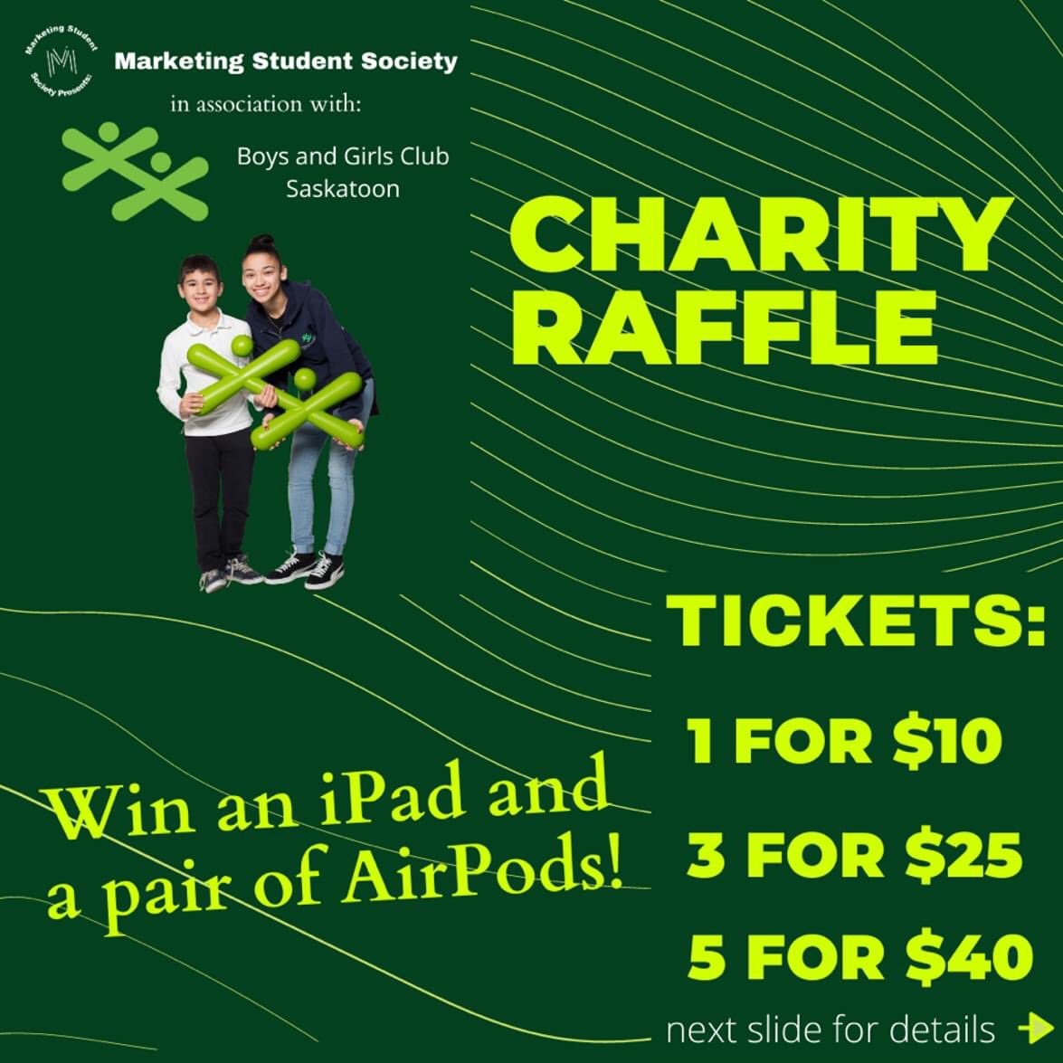 BGCSaskatoon's tweet photo. Check out the U of S Marketing Students' Society Charity Raffle! We have been picked as a participant in the raffle and all proceeds will go to BGCS! Winner gets and iPad and a pair of AirPods. 

Here is the link if you are interested in purchasing tickets!
⬇️⬇️⬇️ https://t.co/Qgub0AOrdH
