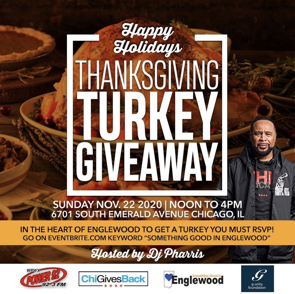 Power92Chicago's tweet photo. Thanksgiving turkey giveaway this Sunday! Hosted by Power 92s very own @DjPharris. Brought to you by @50cent &amp; the #GunityFoundation in partnership with @TheChiGivesBack #somethinggoodinenglewood rsvp required! #thanksgiving #turkey #Englewood #Chicago https://t.co/FGBLGiHZme