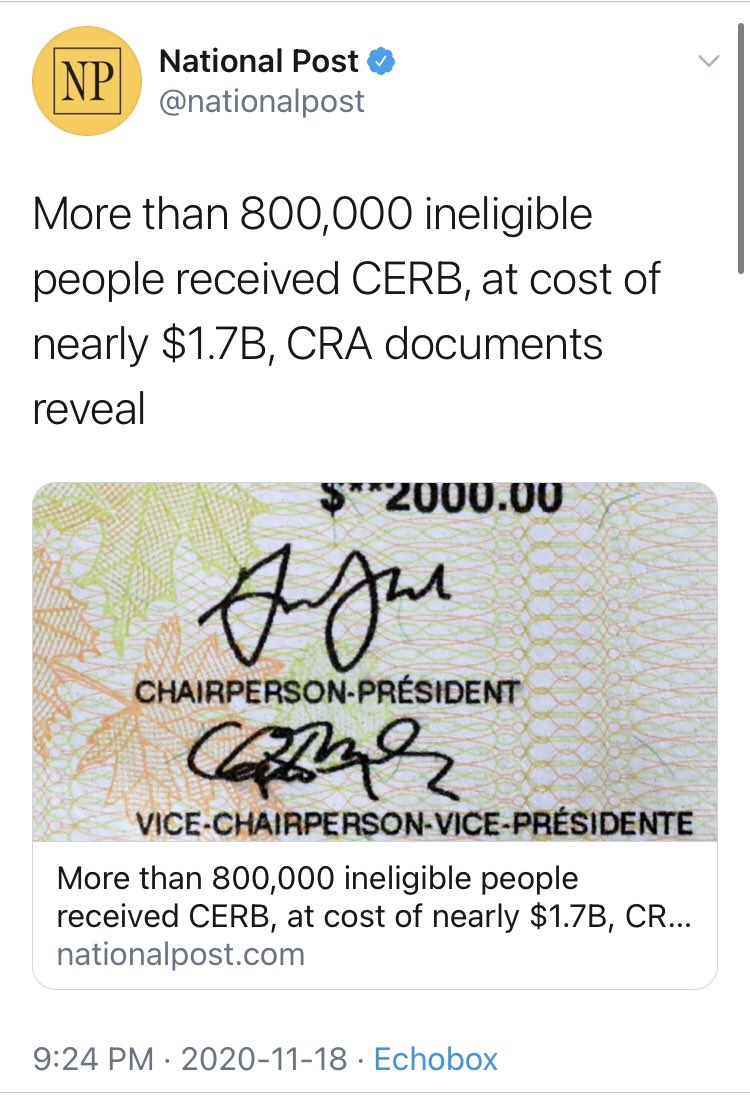  #PostMedia along with  #PierrePoilievre & other  #CPC hacks, all rolled out the exact same messaging at once. Making the false claim, in fact, the disinformation & propaganda claim, that “800,000 ineligible people” got  #CERB. Other online RW media, followed suit.  #cdnpoli  #cdnmedia