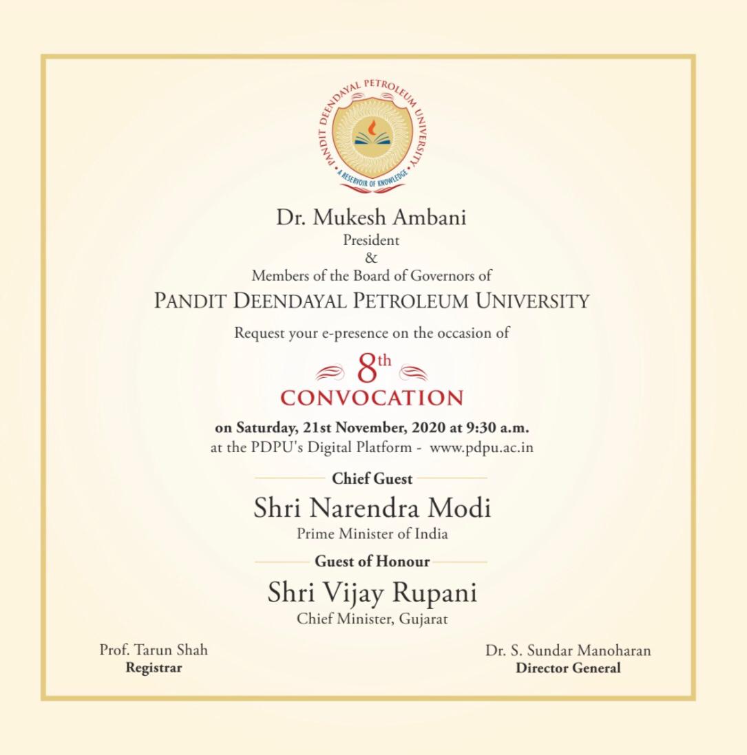 _RickyBindra's tweet photo. Our Prime Minister Sh. @narendramodi will be the chief guest of the 8th Convocation of Pandit DeenDayal Petroleum University on 21st November. Our Chairman Sh. Mukesh Ambani will address this august gathering too.
@PMOIndia @relianceindltd @reliancejio @RILretail  @flameoftruth https://t.co/aqKzqrUGoh