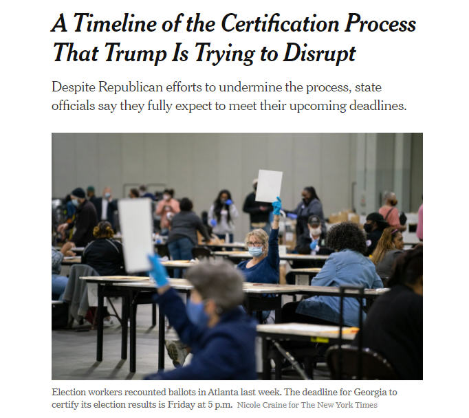 BerkeleyBrett's tweet photo. @CillizzaCNN Via: https://t.co/VyiLfjKmvb
Vote Certification Deadlines, 2020:
Fri, Nov 20, 5PM: Georgia
Mon, Nov 23: Michigan, Pennsylvania
Tue, Nov 24: Minnesota, Nevada, N Carolina
Sat, Nov 28: Ohio
Mon, Nov 30: Arizona, Iowa, Nebraska
Tue, Dec 1, Wisconsin
#VoteCertification https://t.co/GfGIJlwo49