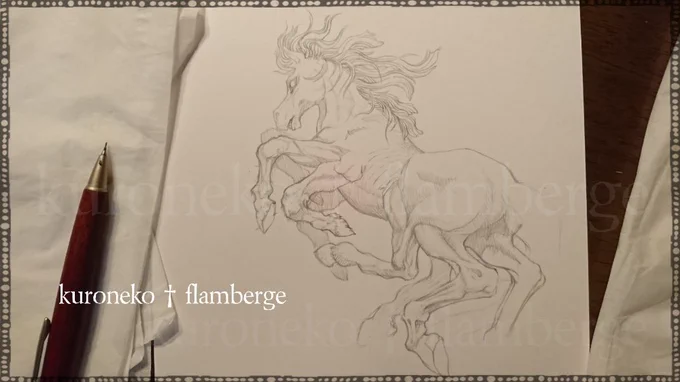 スレイプニルのペン画。ペン画ですので下書きの状態とペン入れ後の画像です。馬を描くのは難しいのにスレイプニルは8本脚。骨格を想像するだけで難しい。#皆さん線画と塗った後を見せてください 