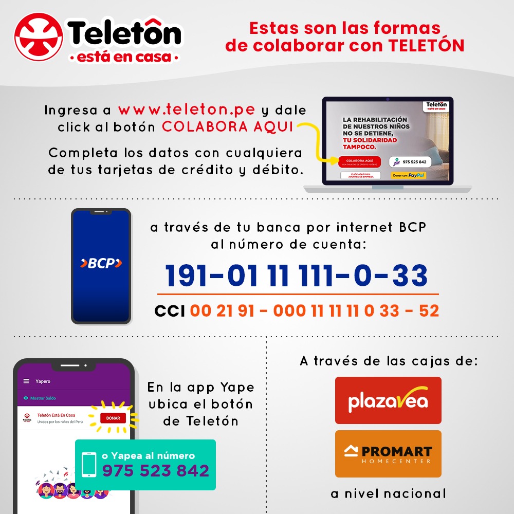 teleton_peru's tweet photo. Hay muchas formas de colaborar con muchos niños, niñas y jóvenes que se atienden en las 6 Clínicas San Juan de Dios a lo largo del #Perú. 
¡Y juntos, con la #solidaridad podemos lograrlo!
Para más información visita: https://t.co/lV2HL0fjeO
#TeletonEstaEnCasa https://t.co/JVvFUB2VF0