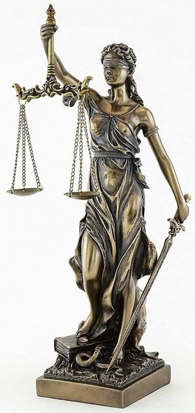 The representation of "Letitia (or lady justice) is one of a blindfolded women with scales on one hand, and a sword on the other,Is a clear depiction of the lack of bias that justice is supposed to representTrue Justice cannot differentiate between the state and the populace