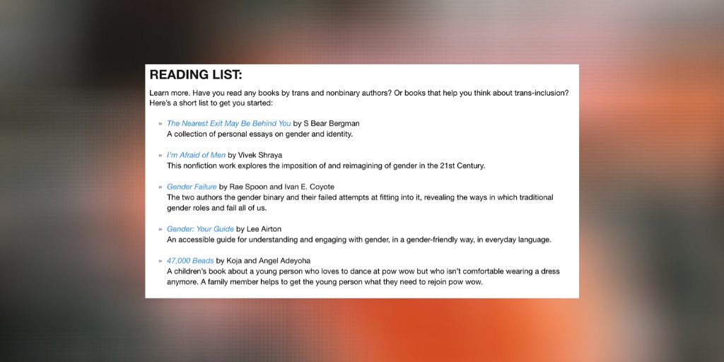 The  #UofT Sexual & Gender Diversity Office has curated a reading list featuring some books by trans and nonbinary authors.  Start queering your shelf today:  http://uoft.me/TDoR&nbsp;