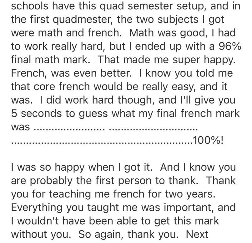 mme_doyle's tweet photo. This is why I do it this job. I had the privilege of teaching the same group of Ss consecutively for the Late EF program in Gr 7 &amp; 8. Words can’t even describe how incredibly proud I am of this student &amp; how much it means to have Ss reach out to share updates/accomplishments. https://t.co/zJal6Eubn3
