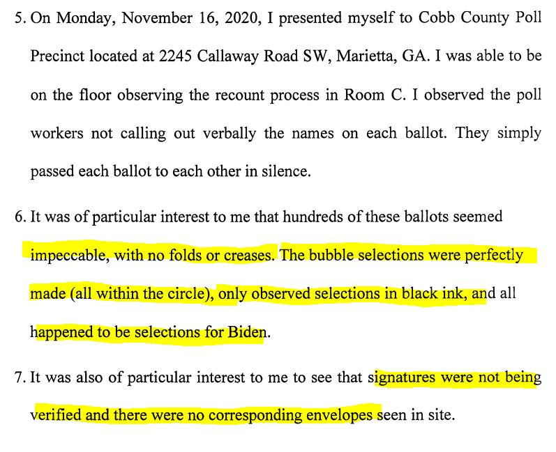 14) General ballot fraud. Multiple GA poll workers/observers describe in affadavits, that mail-in ballots looked "pristine", no folds from mailing, no stray marks, no "voter wear", 98% for Biden. https://www.courtlistener.com/docket/18632787/6/6/wood-v-raffensperger/