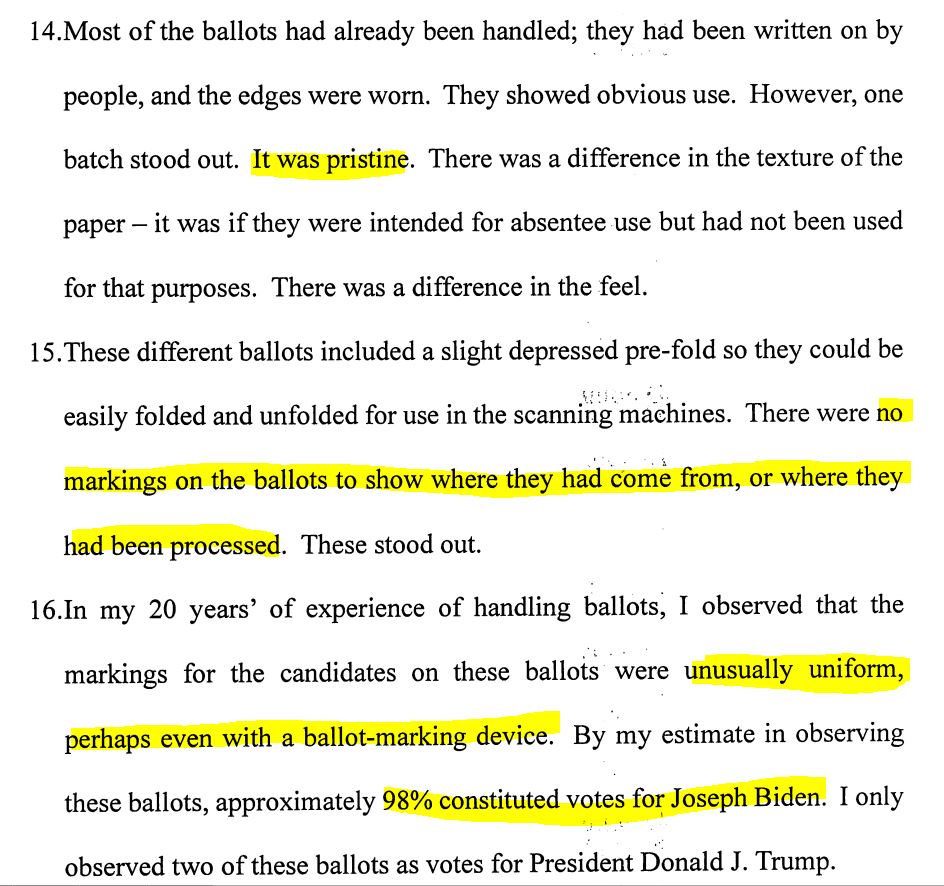 14) General ballot fraud. Multiple GA poll workers/observers describe in affadavits, that mail-in ballots looked "pristine", no folds from mailing, no stray marks, no "voter wear", 98% for Biden. https://www.courtlistener.com/docket/18632787/6/6/wood-v-raffensperger/