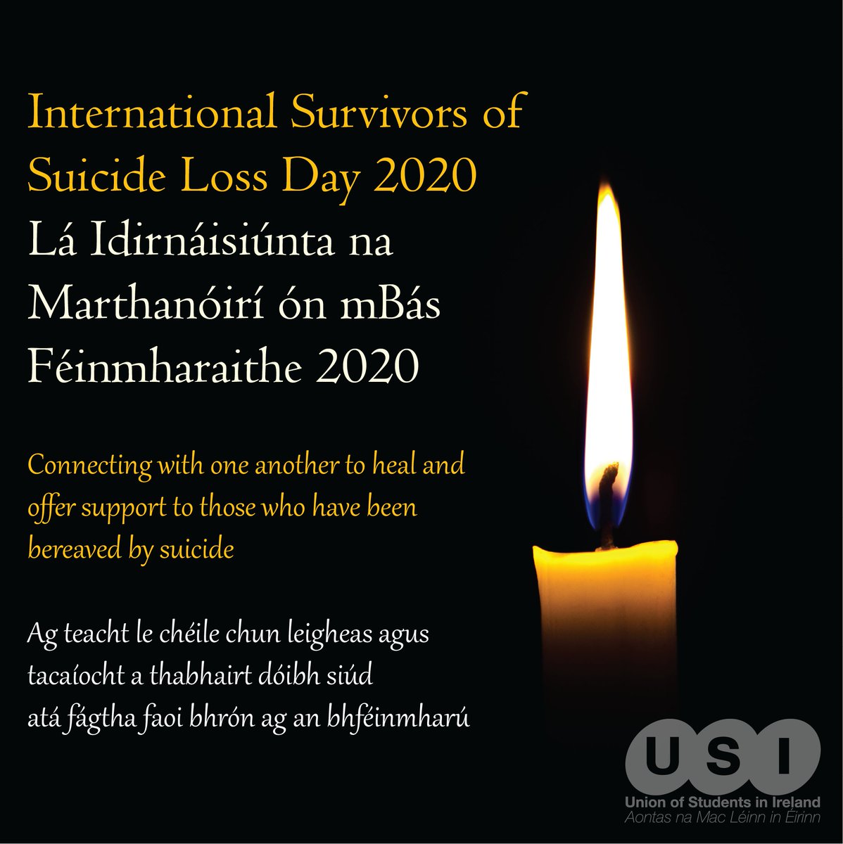 amle_ie's tweet photo. Today is International Survivors of Suicide Loss Day 2020 - Lá Idirnáisiúnta na Marthanóirí ón mBás Féinmharaithe 2020

USI is encouraging those bereaved by suicide to connect with one another to heal and to reach out for support when needed

#ISOSL #SurvivorDay #SuicideLossDay https://t.co/aYoPmgdhuc