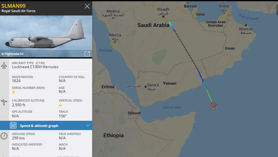 5472_nde's tweet photo. ****Interesting SALMAN99 1624 #SaudiAF C130H out of Riyadh, landed Socotra @ 0050z and departed about 10 minutes later. Wonder who / what was dropped off or picked up in such a short time (if anything. Long way to go just for a cup of mint chai?) **** #HornOfAfrica https://t.co/WITsbdPXJA