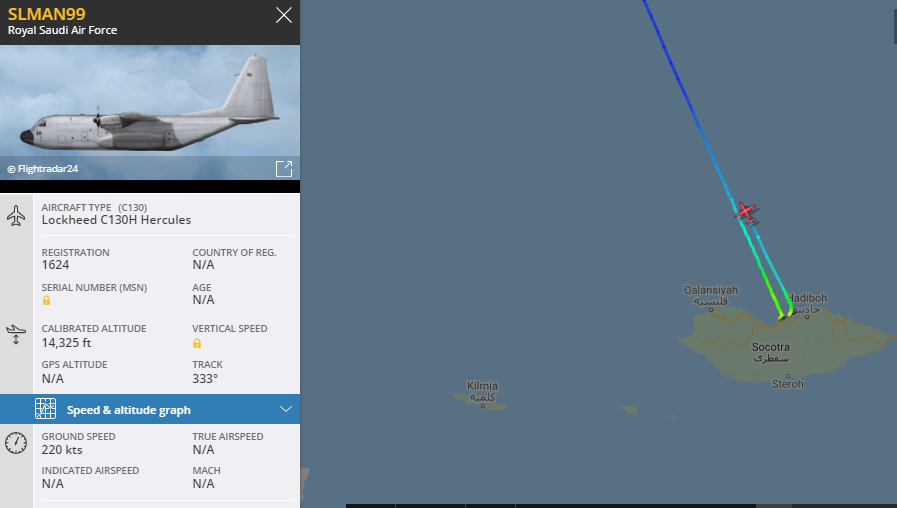 5472_nde's tweet photo. ****Interesting SALMAN99 1624 #SaudiAF C130H out of Riyadh, landed Socotra @ 0050z and departed about 10 minutes later. Wonder who / what was dropped off or picked up in such a short time (if anything. Long way to go just for a cup of mint chai?) **** #HornOfAfrica https://t.co/WITsbdPXJA