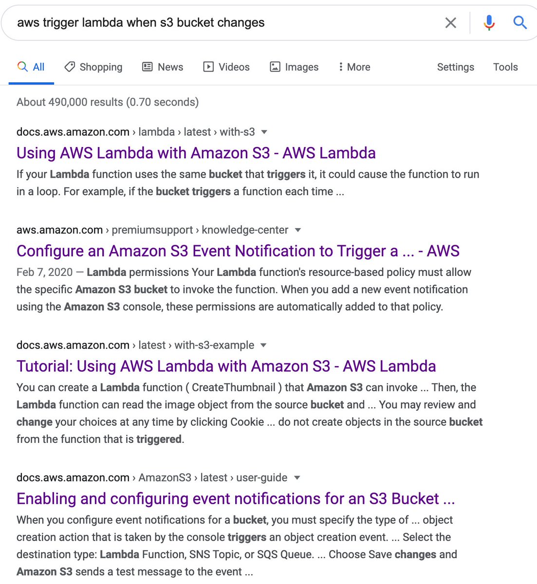 ExamplesFor examples, I just want to see one service do one thing (e.g. trigger a Lambda with a change to an S3 bucket)Look at  @goserverless 's docs. One page. Straight to the point. Useful.  https://www.serverless.com/framework/docs/providers/aws/events/s3/Now look at the AWS SERP. Which one do you even click?