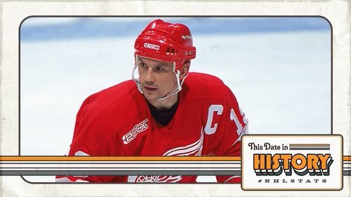NHLPR's tweet photo. THIS DATE IN 1999: @DetroitRedWings captain Steve Yzerman joined Detroit icon Gordie Howe and Wayne Gretzky (w/ EDM) as the third player in NHL history to record 1,500 points with one franchise. #NHLStats

More TDIH: https://t.co/PkbjZCX1g6 https://t.co/SEadWA30ZJ