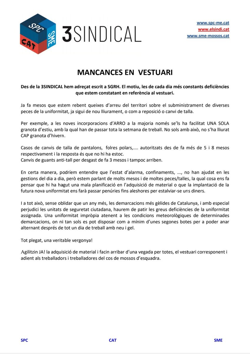 3SINDICAL's tweet photo. Denunciem les deficiències en referència al vestuari i les seves mancances de reposició. @SPC_Mossos_PL @smemossos @INFOCATME https://t.co/7SaDSAoH7g