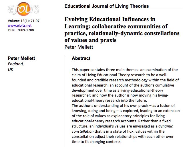 Here’s an insightful paper from Peter Mellett in the latest edition of EJOLTS: ‘Evolving Educational Influences in Learning: collaborative communities of practice, relationally-dynamic constellations of values and praxis’ ejolts.net/node/357 #LivingTheory <a href="/YoSwaroop/">Swaroop Sampat Rawal</a> <a href="/edsajw/">Jack Whitehead</a>