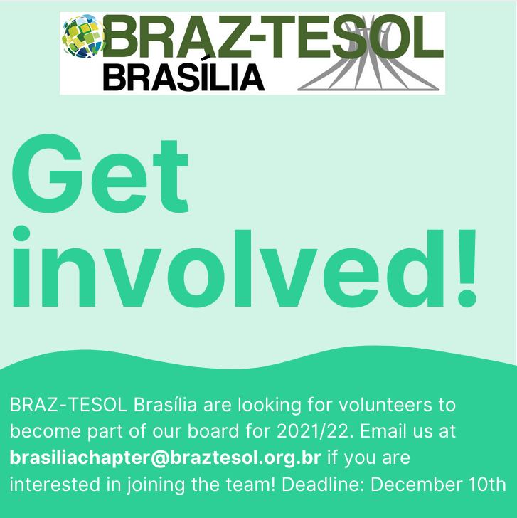 braztesolbsb's tweet photo. BRAZ-TESOL Brasília are looking for volunteers to become part of our board for 2021/22. Email us at brasiliachapter@braztesol.org.br if you are interested in joining the team! The deadline is December 10th. https://t.co/QpWcOUi0py