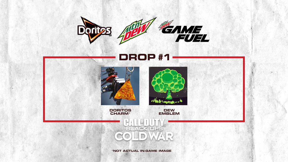 The first of three exclusive in-game item drops featuring the Doritos charm and MTN DEW emblem for @CallofDuty #BlackOpsColdWar is here! Make sure you follow us, then tweet @Doritos with #DoritosDewDrop to get your code.