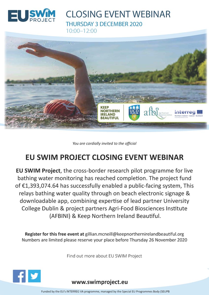 EU SWIM Project will hold a closing event webinar on Thursday 3 December 2020.

Register for this free event before 5pm on Monday 30 Nov.
gillian.mcneill@keepnorthernirelandbeautiful.org
Please email
