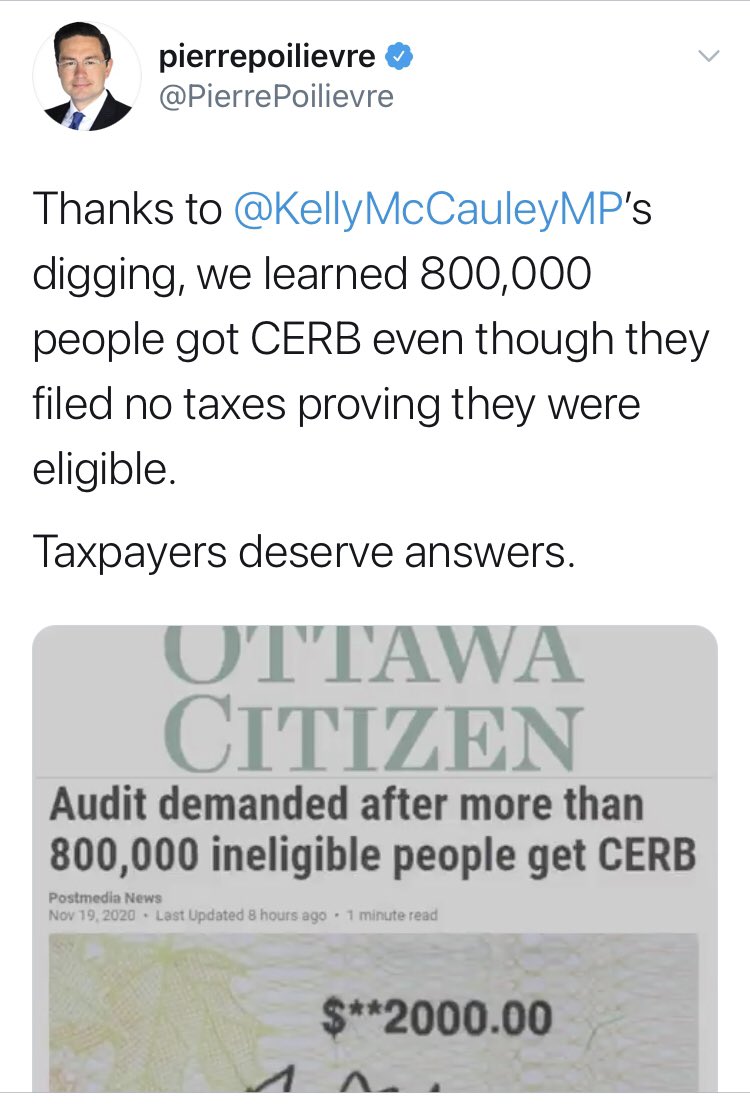 In spite of Revenue Canada correcting the record on this propaganda,  #PierrePoilievre,  #PostMedia & other disinformation rags like  #BlacklocksReporter  #PostMillennial etc, continue to amplify the same false claims. Clearly none of these publications care about the facts  #cdnpoli  https://twitter.com/HeatherMoAndCo/status/1329833813921378304