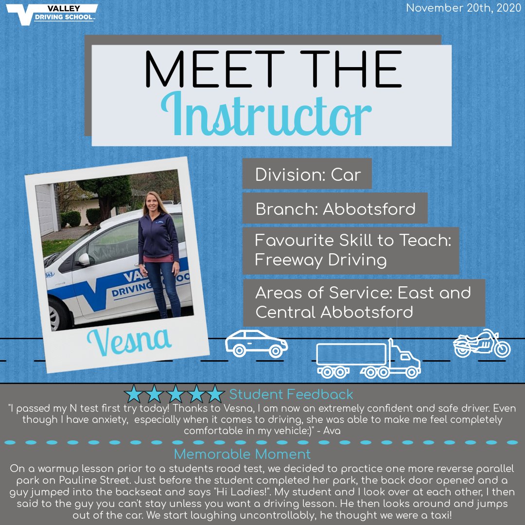 valley_driving's tweet photo. Have you ever wanted to know more about Valley's talented team of on-road and classroom Instructors? Now you can! Meet Vesna, an Abbotsford car Instructor! Contact us to learn more about any of our Instructors! π π
#featurefriday #learnwithvalley #abbotsford https://t.co/fIUinsn9Bb