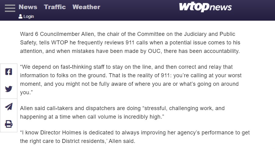 (4) Asking Holmes those questions is  @charlesallen. Allen makes it clear he's briefed on bad outcomes from  @OUC_DC. He hasn't said a word in 5 months. Where's the outrage Allen shows immediately when something goes wrong at the  @DCPoliceDept? Where's the oversight? (more)