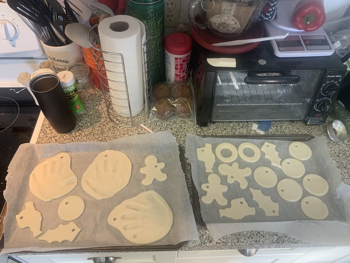 #Christmas2020 decorating ready for drying so we can paint them next week! Next year we’ll have another tiny hand print to add to the mix #playdoughfun