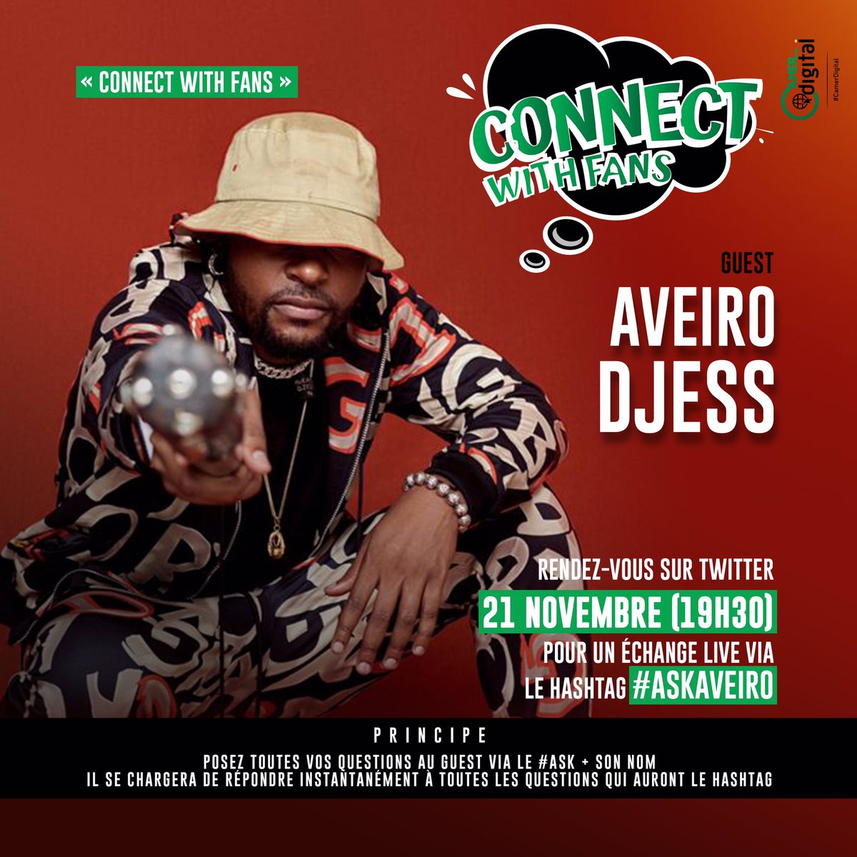 Camer_Digital's tweet image. Hey Les Connectés📲, 

Rendez-vous demain 21 Novembre avec le phénomène de la musique camerounaise @DjessAveiro à partir de 19H30 pour un #ConnectWithFans via le HT #AskAveiro. 

#CamerDigital