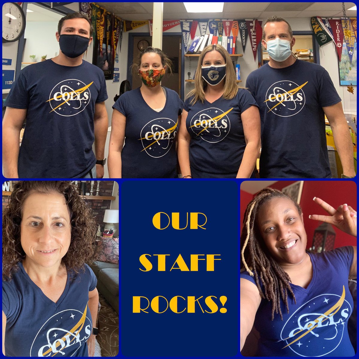 collscounseling's tweet photo. What a coincidence!😯We all wore the same shirt today! That’s just how in sync we are! 😉 #CollsSpirit #ClassShirtDay #StaffShirtDay #SchoolCounselors #CHSCounselingDepartment #CollsEdu https://t.co/9UOrlA1ohh