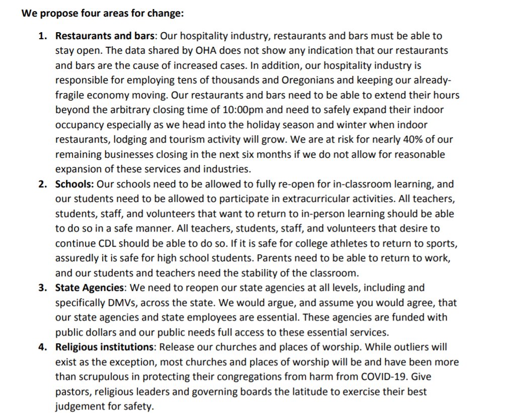 The elected officials asking Gov. Brown to reverse course represent 22 Oregon counties, which together = about half of the state’s coronavirus cases since the start of the pandemic, and slightly more than half of all reported deaths, according to state data reviewed Nov. 18. 3/17