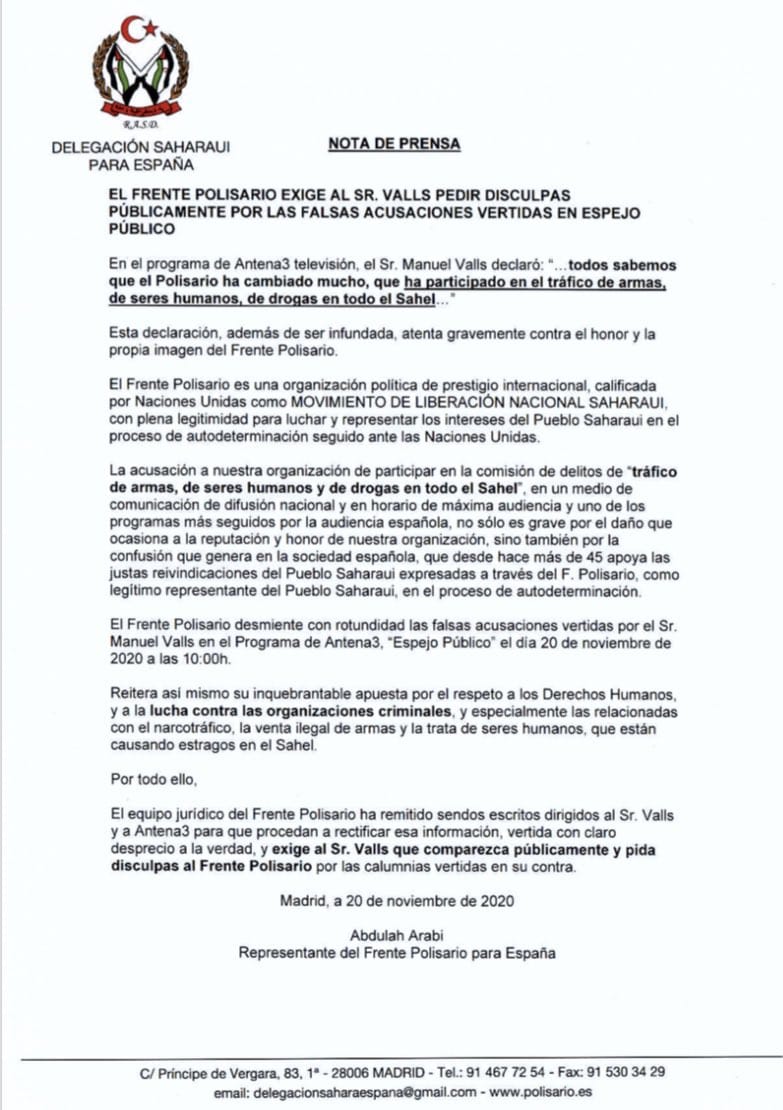 Jadiyetumohtar's tweet photo. El F.#Polisario pide  #Valls pedir disculpas públicas por #falsas #acusaciones vertidas contra el legítimo representante del pueblo saharaui en el programa de #antena3 #Espejopublico conducido por la periodista @susannagriso https://t.co/u1rEjwyGew