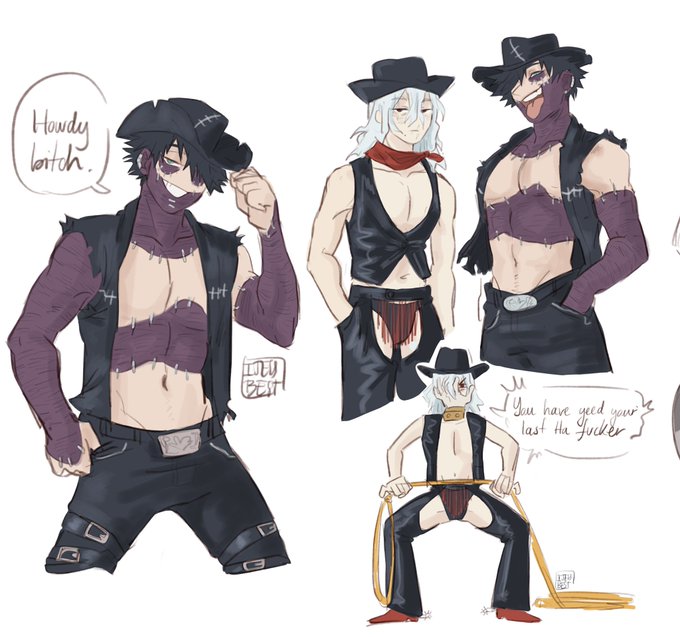 Warning this might be really cursed content. This happened on my discord after seeing @gi_yobo fanart of cowboy overhaul and so the slutty cowboy AU was born. There's a villain ranch and a hero one 