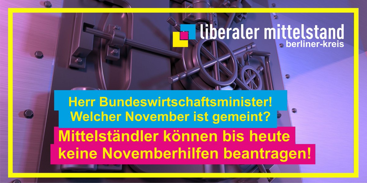 LiMiBund's tweet photo. JETZT BRAUCHEN KLEINE UND MITTLERE UNTERNEHMEN UND SOLOSELBSTSTÄNDIGE SCHNELL UND UNBÜROKRATISCH DIE NOVEMBERHILFEN. 

JEDER TAG ZÄHLT !
#novemberhilf, #corona, #lim, #liberaler-mittelstand, #LockdownLight https://t.co/IR81OmKOew