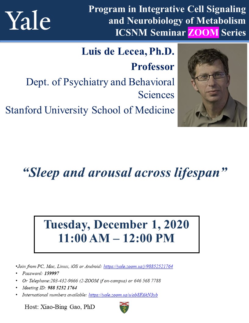 IcsnmYale's tweet photo. Yale ICSNM Lecture Series @IcsnmYale
DECEMBER SPEAKER:
Luis de Lecea, Ph.D.
Professor
Dept. of Psychiatry and Behavioral Sciences
Stanford University School of Medicine
Tuesday, December 1, 2020 11:00 AM – 12:00 PM https://t.co/PZ0J9AxZBd
