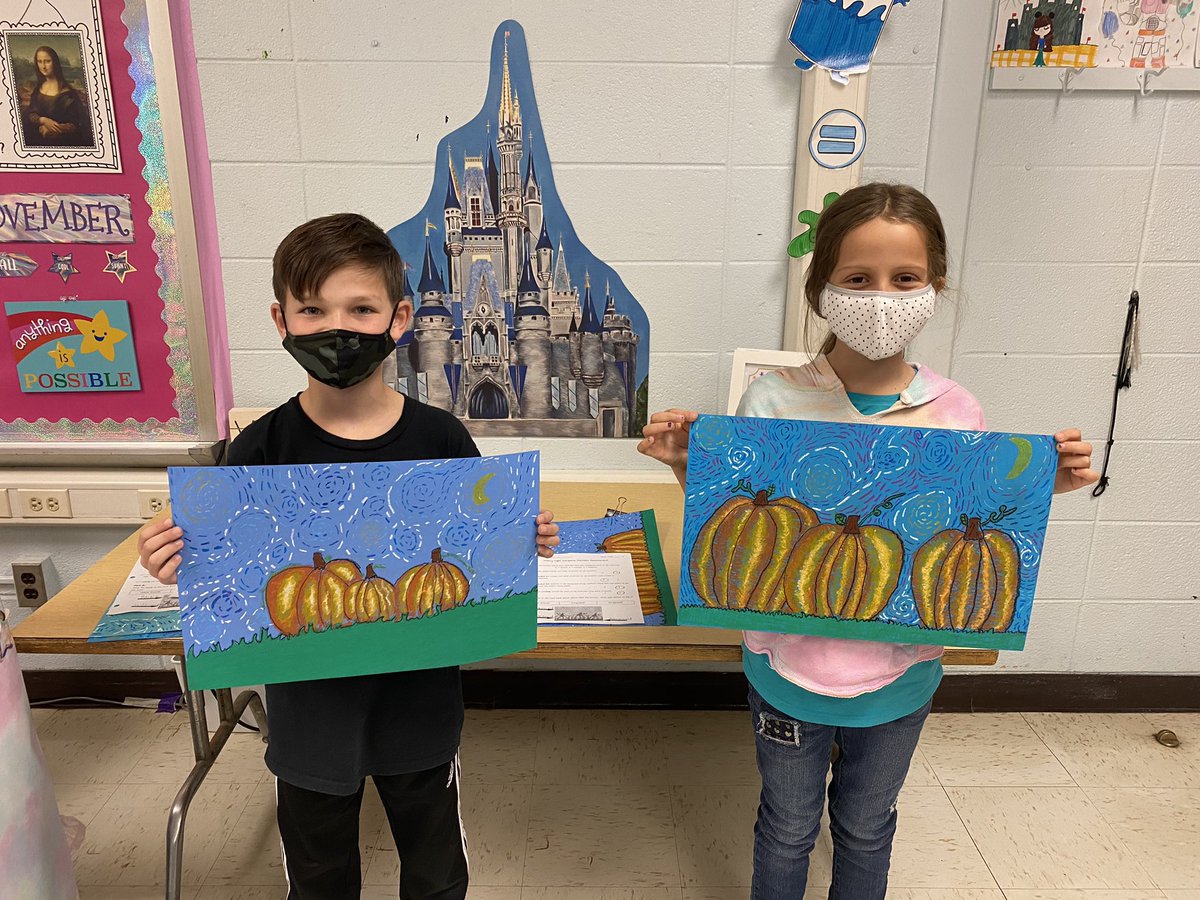 HarborfieldsArt's tweet photo. Miss Buscemi’s 3rd grade students completed their Starry Night Pumpkin landscapes inspired by Vincent Van Gogh! Students did a wonderful job learning how to blend colors using oil pastels and creating dashed lines using cool colors! @HarborfieldsArt @HarborfieldsCSD https://t.co/wnFw4NLDGy