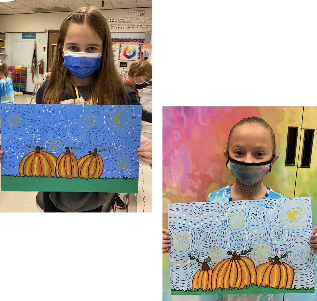 HarborfieldsArt's tweet photo. Miss Buscemi’s 3rd grade students completed their Starry Night Pumpkin landscapes inspired by Vincent Van Gogh! Students did a wonderful job learning how to blend colors using oil pastels and creating dashed lines using cool colors! @HarborfieldsArt @HarborfieldsCSD https://t.co/wnFw4NLDGy