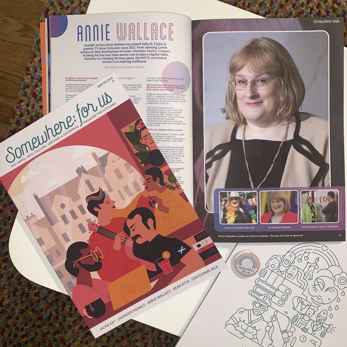 Somewhere_ForUs's tweet photo. βI enjoy the way @Hollyoaks isnβt afraid to confront taboo issues head-onβ Check out our interview with the amazing @anniewallace in issue one of our #SomewhereForUs π³οΈβπ magazine. You can buy our printed LGBTQ+ mag, limited edition cover prints & badges at https://t.co/IjV7AUG6Dx https://t.co/1H7D0Cjuwp