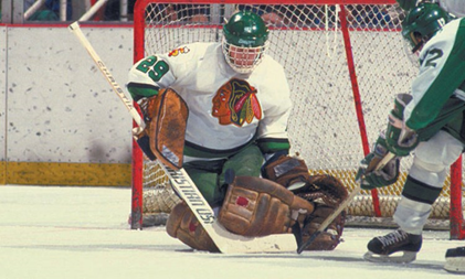 Moving onto "The Land of 25 Year Old Freshman" aka The University of North Dakota. Eddie Belfour led the 86-87 team to the treble: WCHA Regular Season Champs, WCHA Playoff Champs and NCAA Champs.