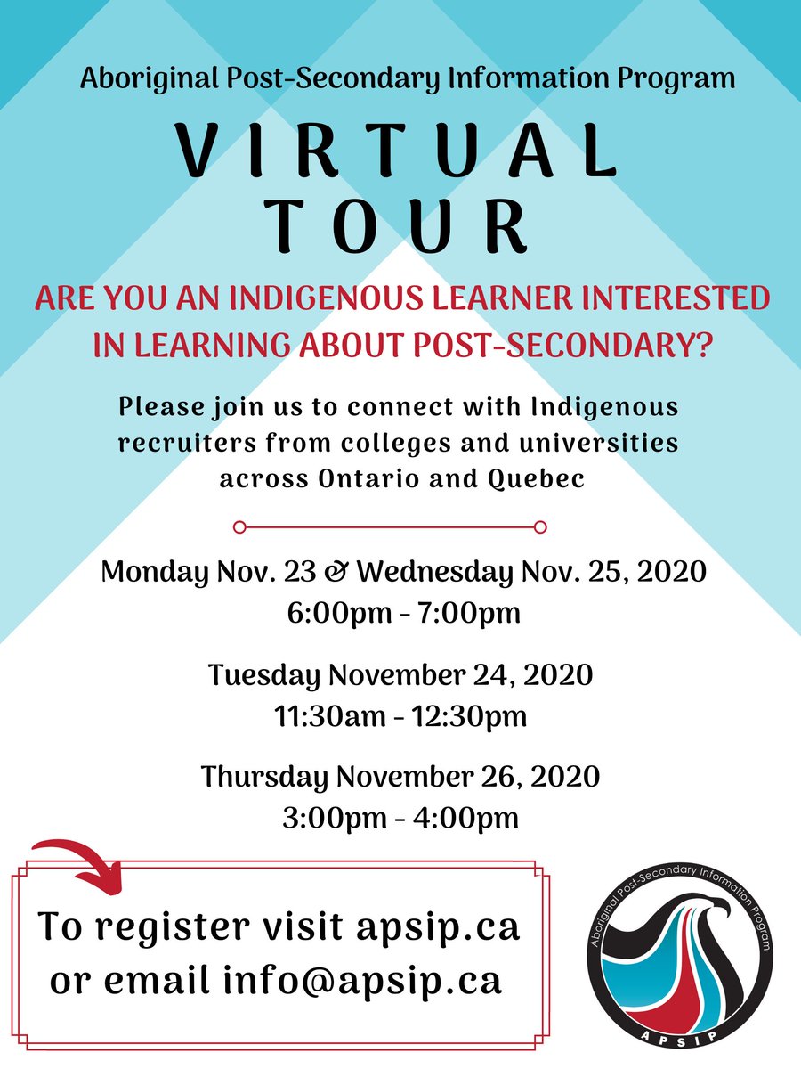 AboriginalPSE's tweet photo. We are entering our FINAL WEEK of our virtual tour as a collective. Please share with any Indigenous learners who are interested in learning about various pathways in post secondary and connect with Indigenous Recruiters! #Indigenouseducation https://t.co/CkyGFUh3i5