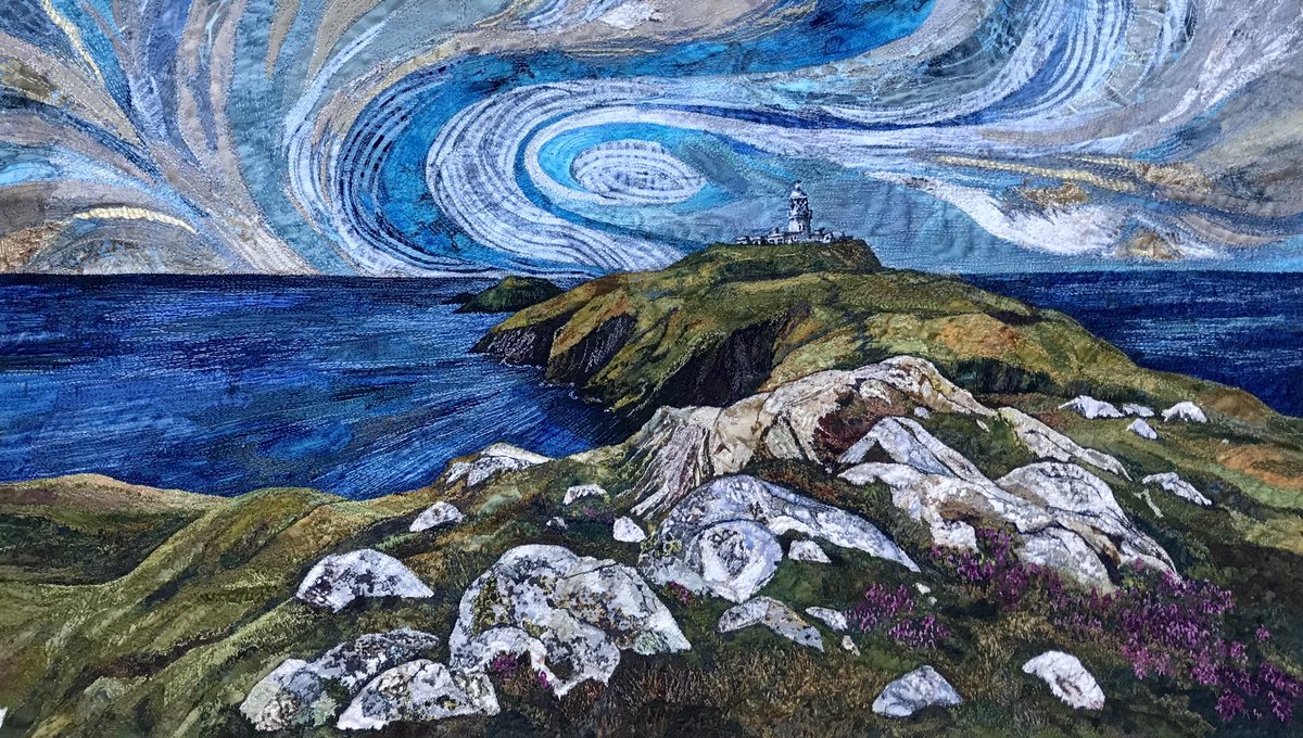 This #Commission is now with its new owner so I can show you what I’ve been working on. It’s #strumblehead #pembrokeshire Lots of challenging bits to this but overall I loved making it. #textileart #stitchedart #embroideredtextiles #nachineembroidery