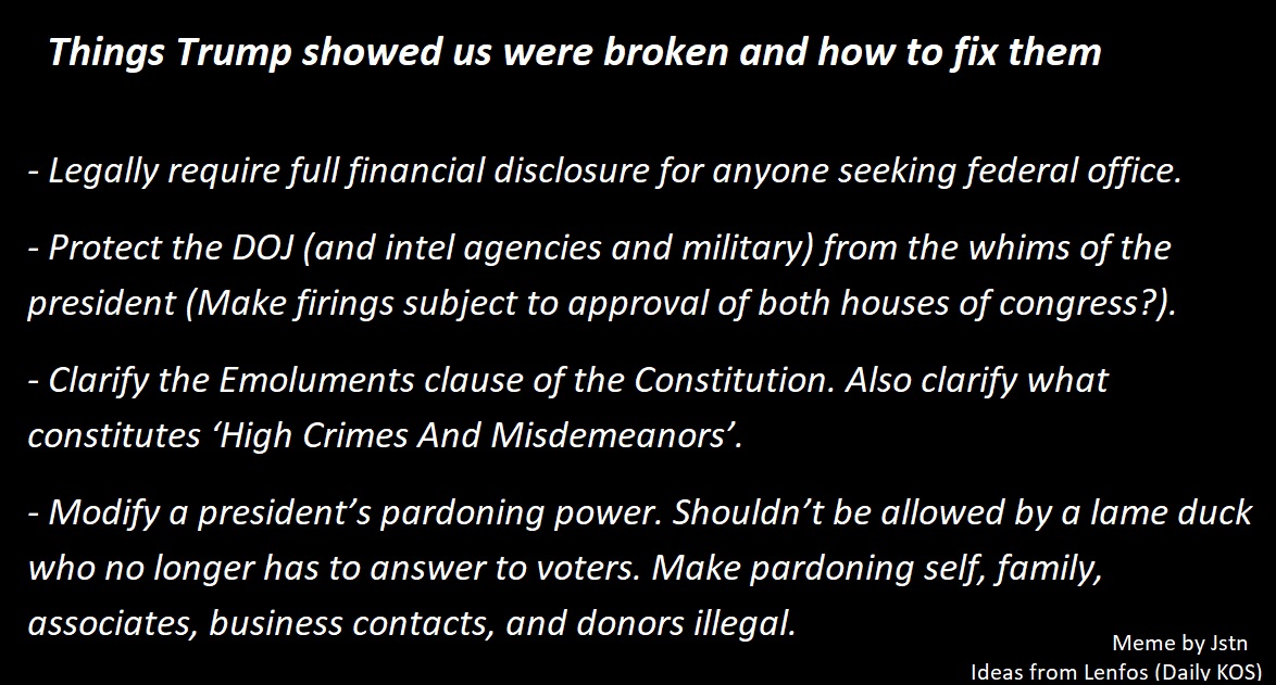 #7Put this "To Do List" together from that article. Maybe we should put it on our collective fridge. LOLOLThe other elephant in the room is our favorite, the Electoral College.Ironically, the Founders added it because they thought the masses were too stupid and...More