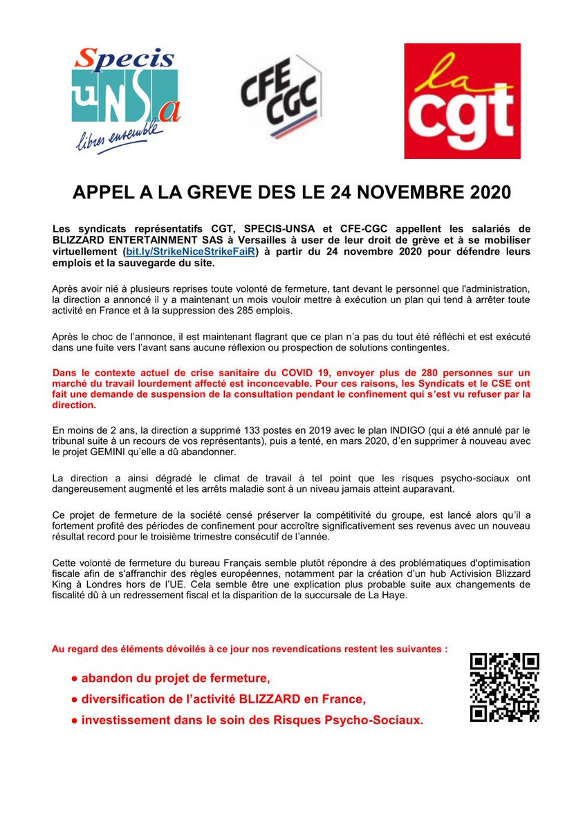 stjv_fr's tweet photo. Les travailleureuses de Blizzard France seront de nouveau en grève le 24 Novembre pour lutter contre le plan de fermeture de leur entreprise.
Le STJV leur apporte tout son soutien dans leur lutte pour sauver leurs emplois ✊ #KeepVersaillesOpen
Retrouvez-leur communiqué : https://t.co/7DTOP23I5O