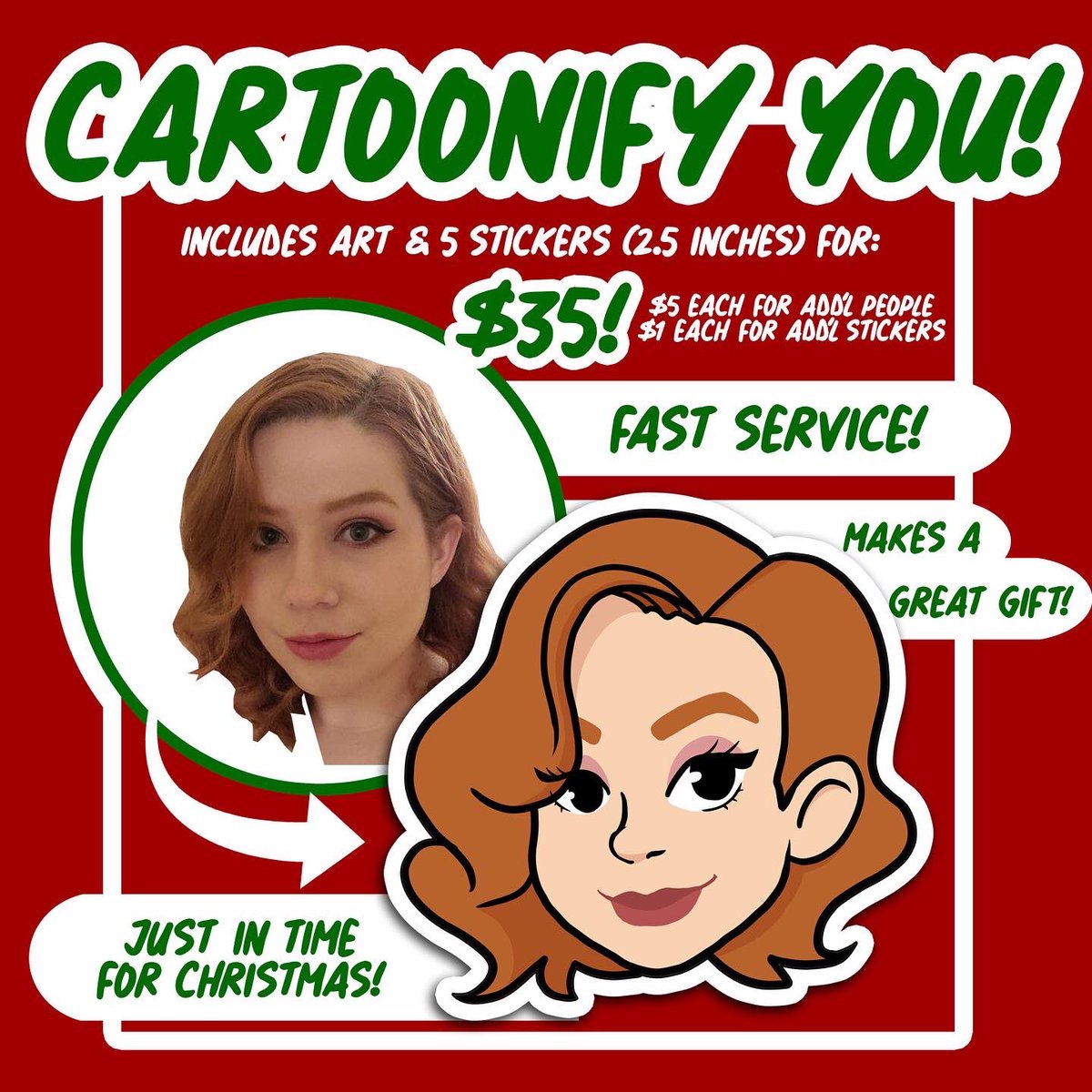 FrogandCog's tweet photo. The holidays are just around the corner, and what better way to show someone you love them than with a personalized cartoon sticker of themselves! We do pets and OC’s, too! Scan the QR code on this post or click the link in our bio to buy one on our Etsy. 
#cartoonify https://t.co/N50Rgxw0DV
