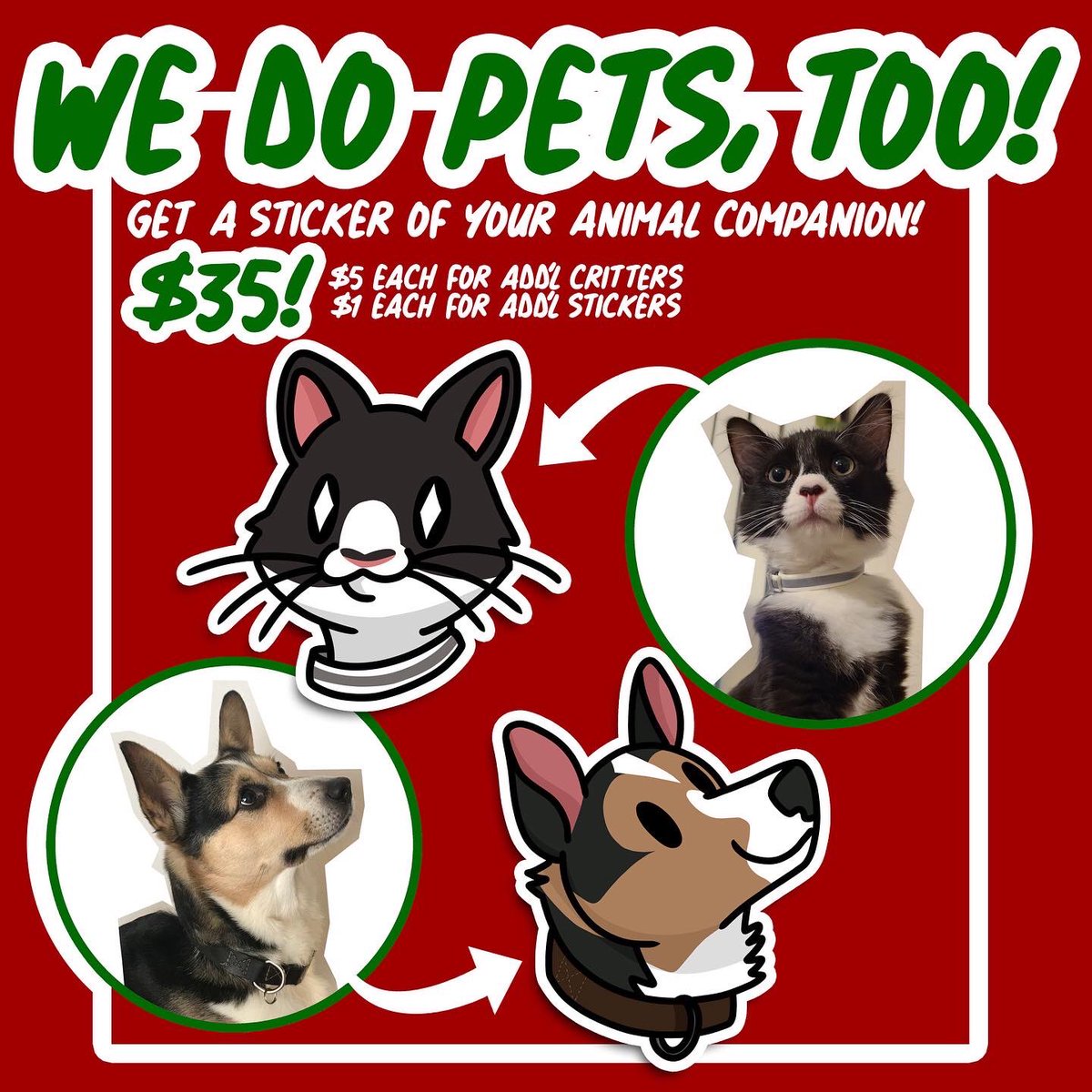 FrogandCog's tweet photo. The holidays are just around the corner, and what better way to show someone you love them than with a personalized cartoon sticker of themselves! We do pets and OC’s, too! Scan the QR code on this post or click the link in our bio to buy one on our Etsy. 
#cartoonify https://t.co/N50Rgxw0DV