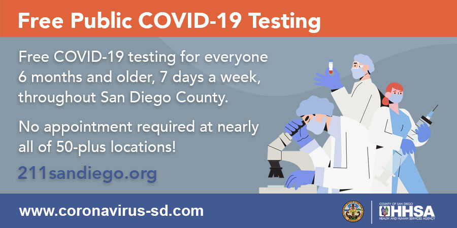 FREE COVID-19 testing at 50+ locations in San Diego County. 

Find locations and more info at coronavirus-sd.com
