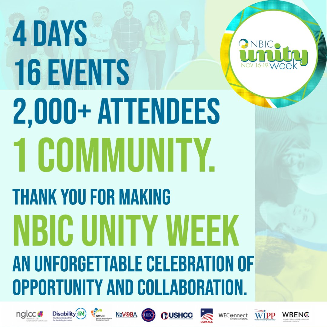 USPAACC's tweet photo. A big THANK YOU to everyone who joined us for the first #NBICUnityWeek! This week was an amazing collaboration of our diverse communities.
And @NGLCC,@usblackchambers, @DisabilityIN, @NMSDCHQ, @WIPPWeDecide, @NaVOBA, @USHCC, @WEConnection, & @WBENCLive for making this possible. https://t.co/8iFijA1Q68