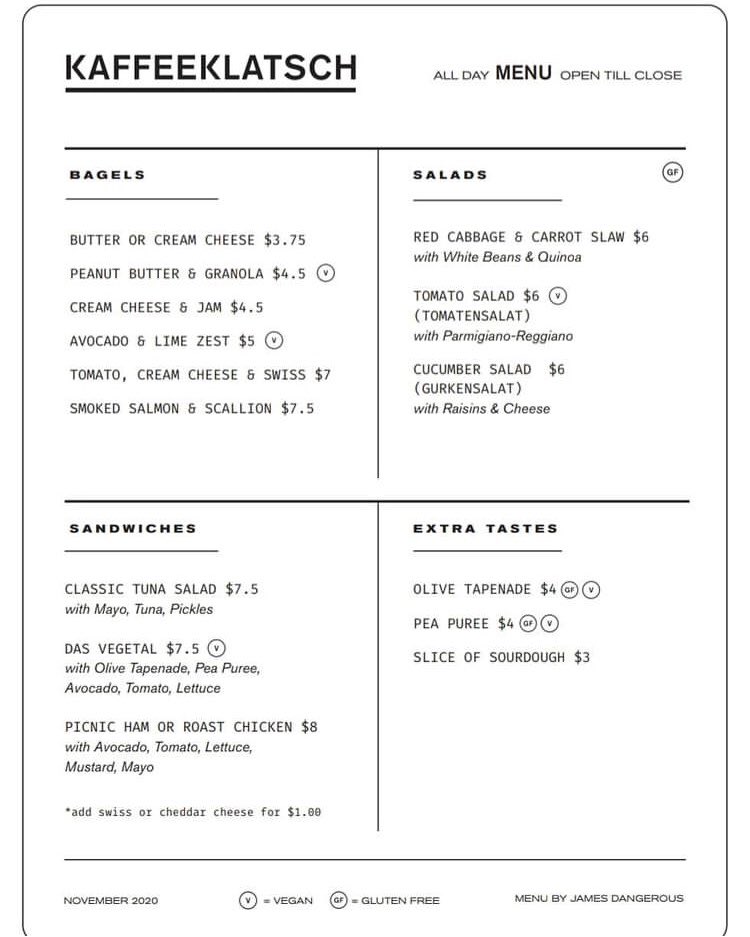 KaffeeYYC's tweet photo. Foodies, rejoice in our new food menu at Kaffeeklatsch das Cafe! Delectable sandwiches, bagels, and salads of highest quality ingredients for best flavour. Vegan and gluten free options too! Menu by  @jamesdangerous. Feast your eyes... then your belly! https://t.co/sVw7owgxDG