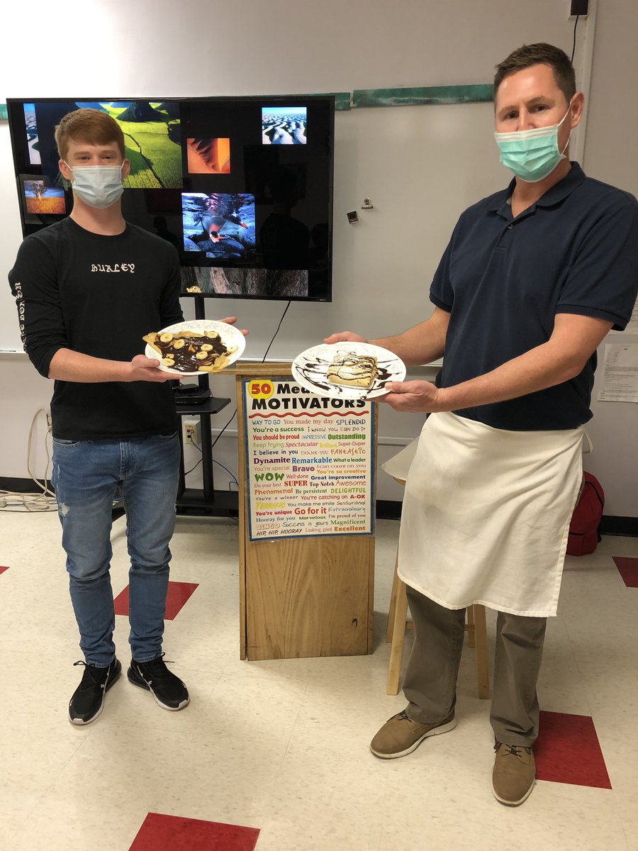 LeuenyL's tweet photo. It’s French week. @chweibl and  Mr. Soukup had a friendly Crepe battle. Which one would you eat?😂😂 #efproud #frenchfood #internationalcooking #foodsclass https://t.co/b5kc6TJXy9