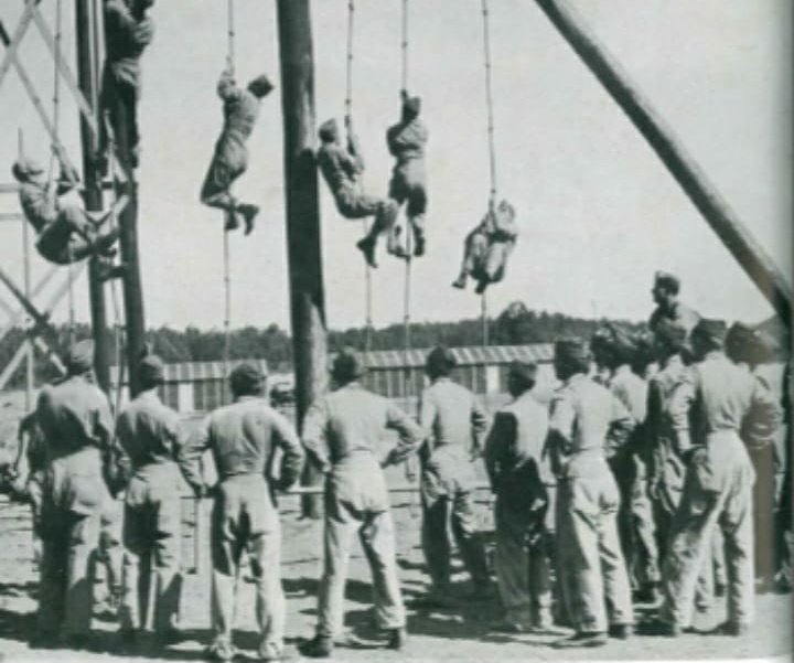 Rifle range, weapons, field training. Bayonets, grenades, machine guns, bazookas, hand to hand combat.Pictured is Easy Company's Gordon Carson making his way aroynd the obstacle course12/